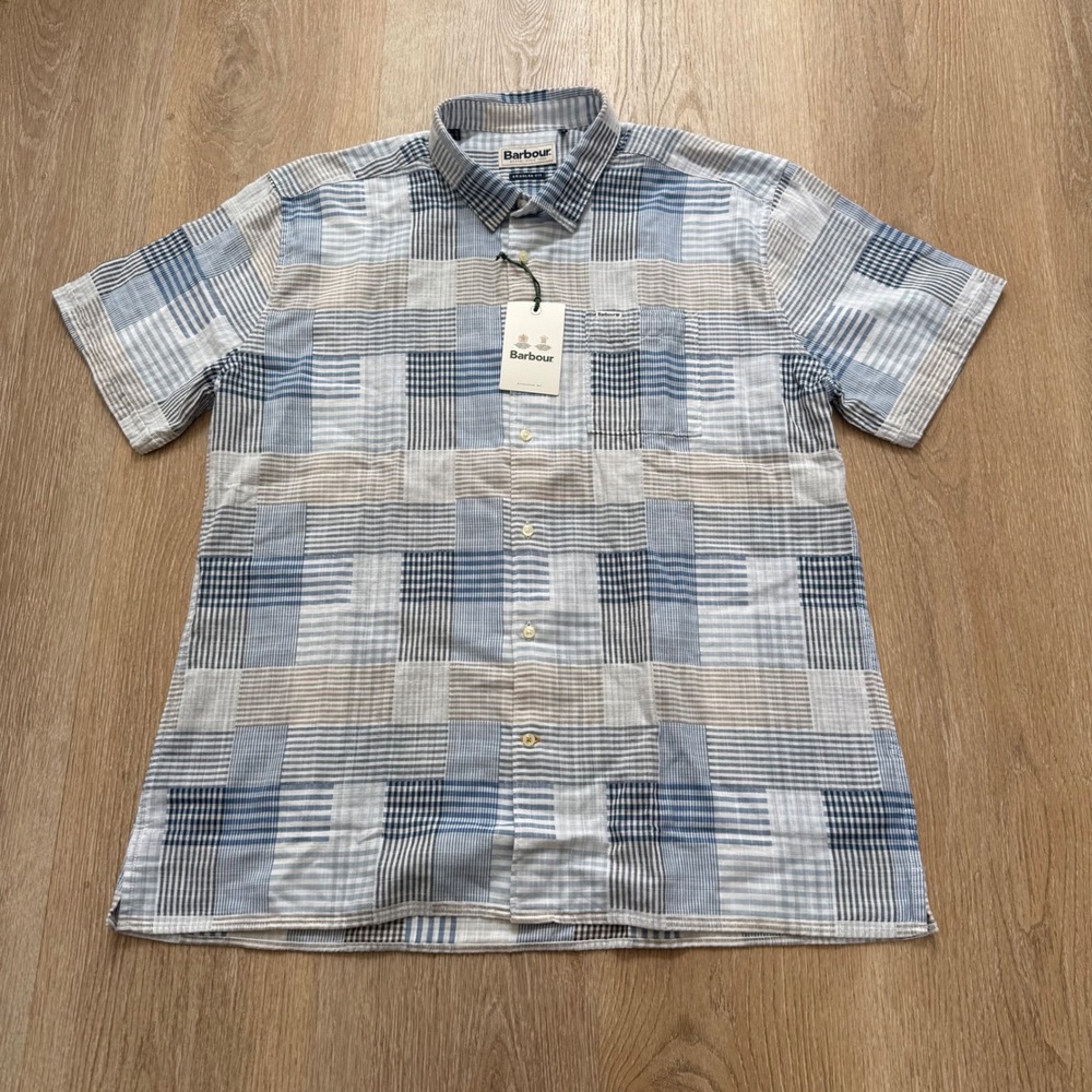 Barbour Oakshore Summer Shirt Mens L Sky Blue Tan Patchwork Plaid 100% Cotton - Picture 2 of 10